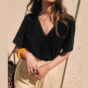 Black V-Neck Lace Trim Blouse - Women's Top